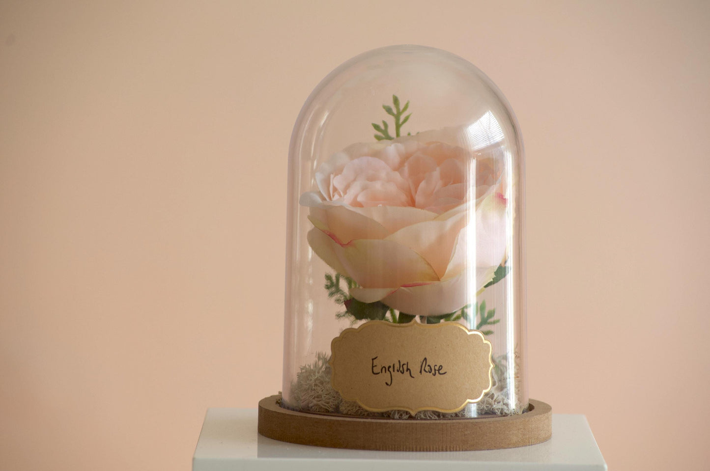 English Rose silk flower arrangement inside of a flower cloche