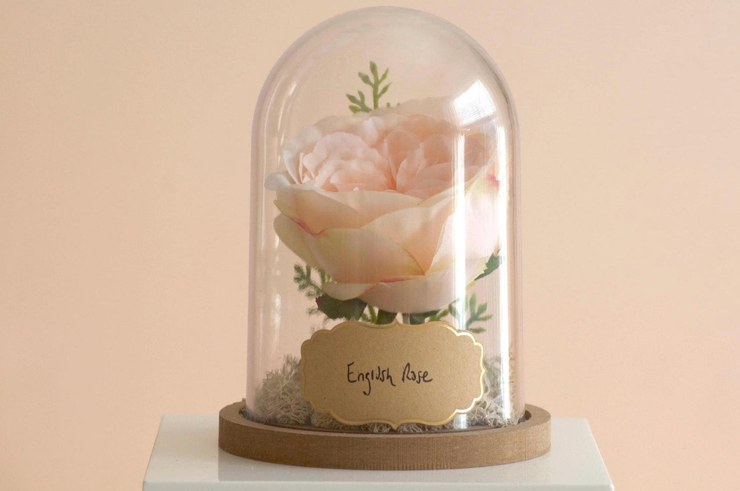 English Rose silk flower arrangement inside of a flower cloche