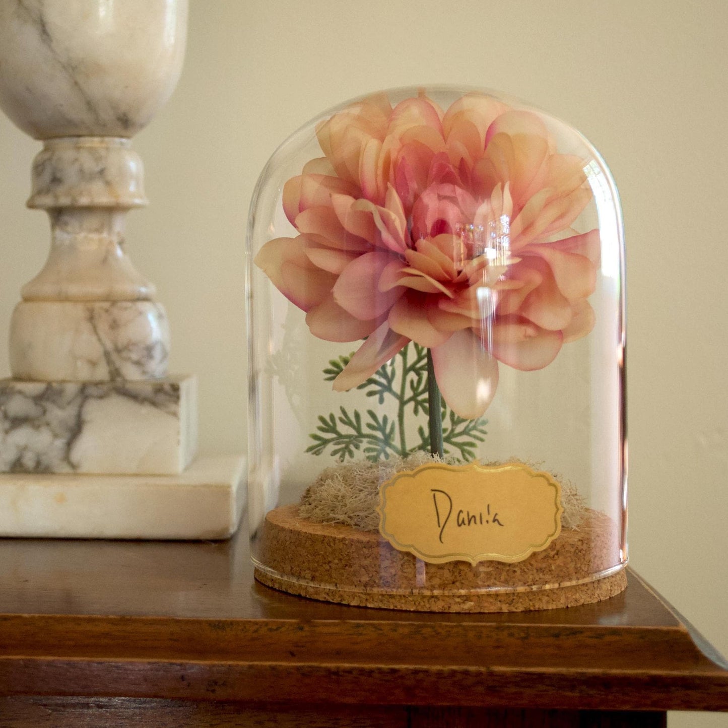 A pink paper flower preserved in a glass cloche with a cork base and a small label reading 'Dahlia', displayed on a wooden table next to a marble pedestal.