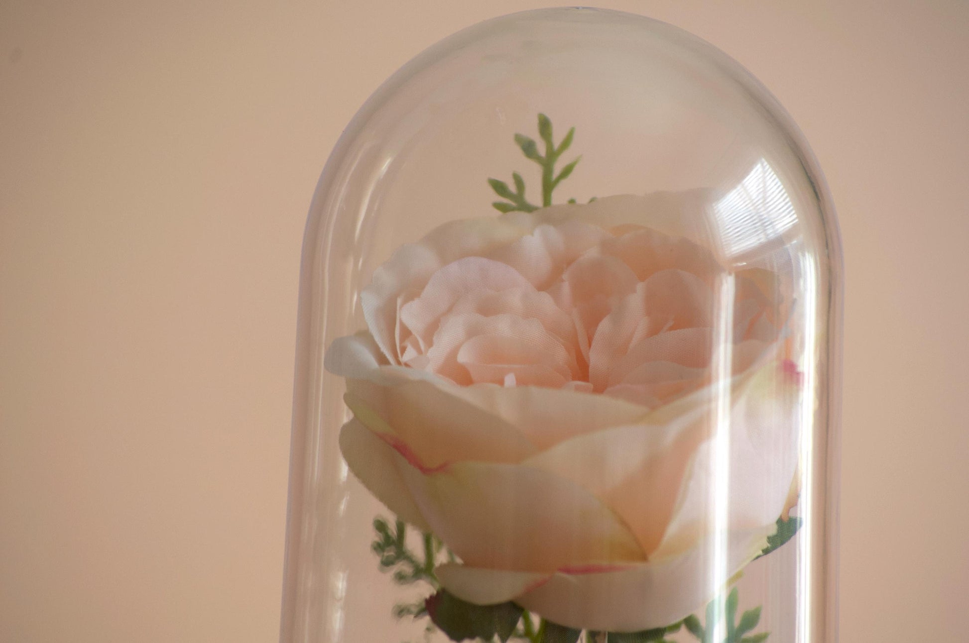 English Rose silk flower arrangement inside of a flower cloche