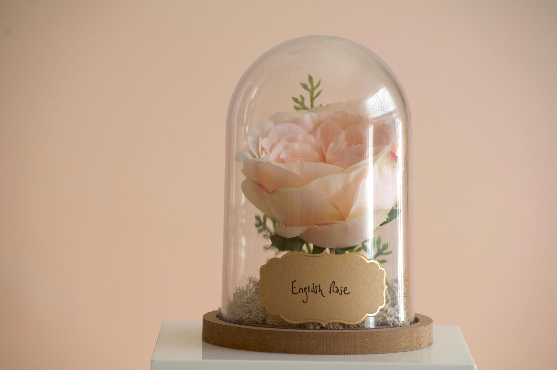 English Rose silk flower arrangement inside of a flower cloche
