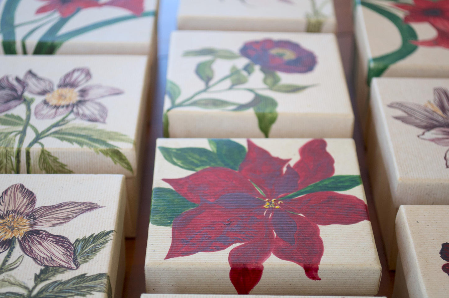 Vintage Hand Painted Floral Gift Box: Peony, Helleborus, Poinsettia, Amaryllis